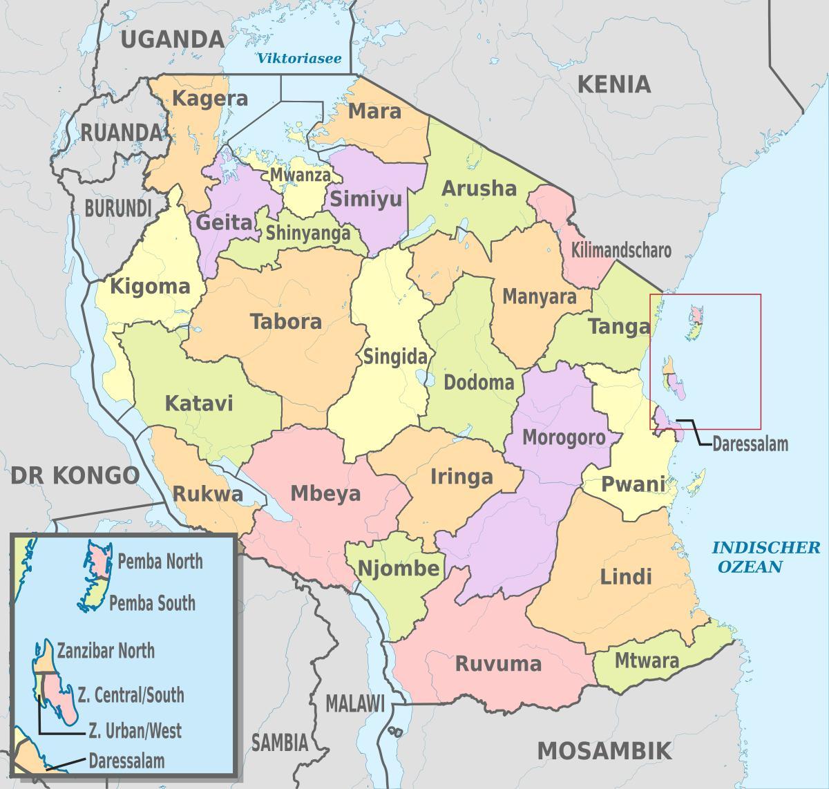térkép tanzánia mutatja régiók, illetve kerületek