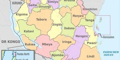 Tanzánia térkép új régiók