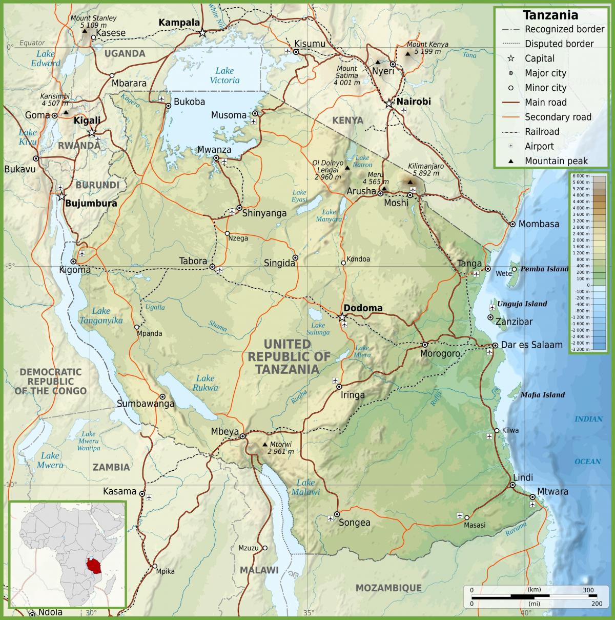 tanzánia közúti térkép kilométer